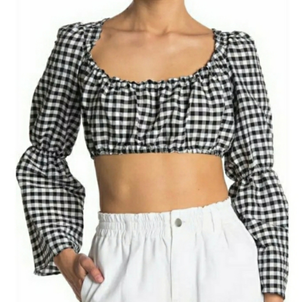 TOPSHOP Black White Gingham Plaid Print Flare Long Sleeve Crop Top 10 Medium NWT